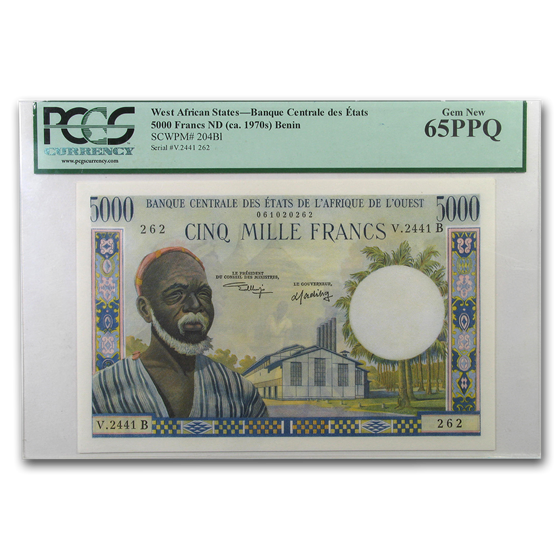 1970s West African States 5000 Francs Gem New CU-65 PPQ PCGS 1970s West African States 5000 Francs Gem New CU-65 PPQ PCGS